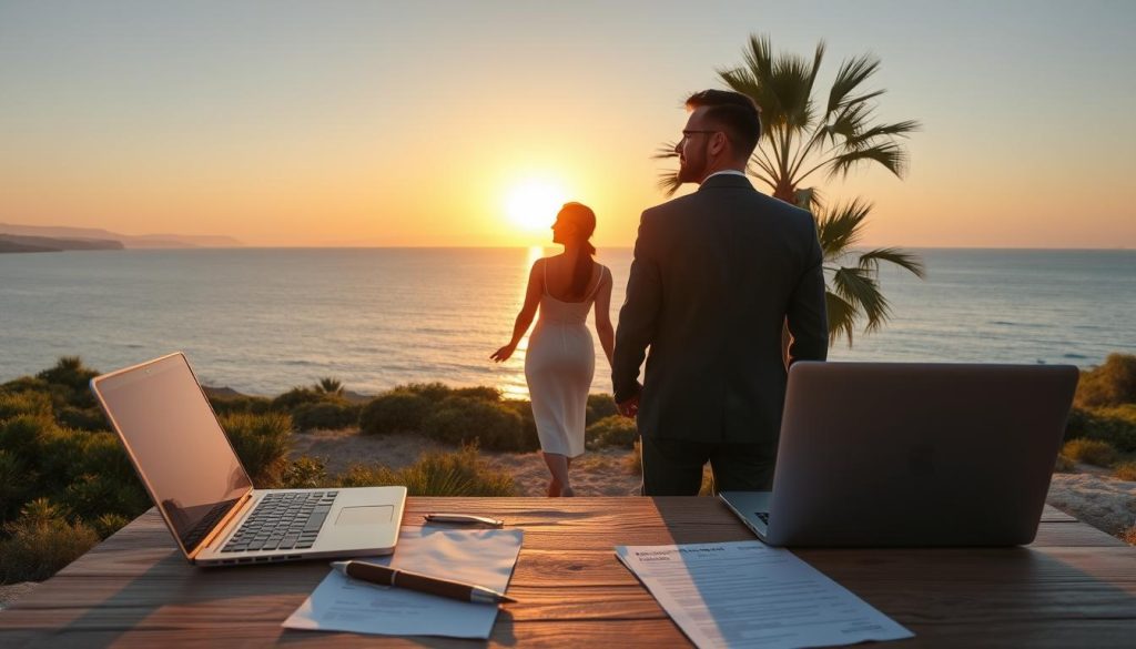 A scenic coastline of Cyprus, with the sun setting over the Mediterranean Sea. In the foreground, a well-dressed couple stand hand-in-hand, gazing out at the tranquil waters. They appear to be in deep contemplation, their expressions conveying a sense of optimism and new beginnings. In the middle ground, a neatly organized desk with a laptop, financial documents, and a pen rests on a wooden table, hinting at the careful financial planning they have undertaken. The background features a lush, verdant landscape with palm trees swaying gently in the breeze, creating a serene and idyllic atmosphere. The lighting is warm and golden, capturing the essence of a Mediterranean paradise. Captured with a wide-angle lens, this image portrays the financial preparation and the dreamlike vision of a new life on the island of Cyprus.