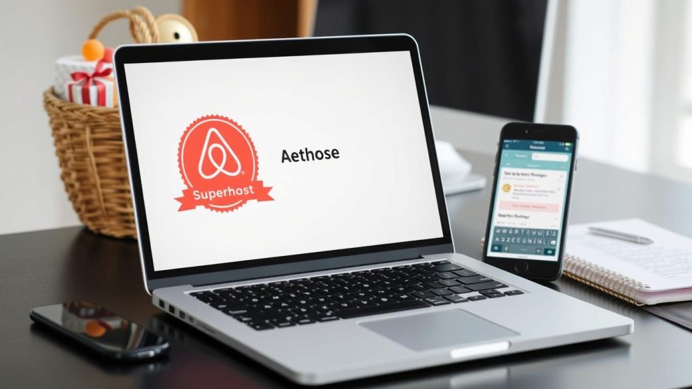 Airbnb Superhost-Strategien Übersicht mit Badge und Laptop