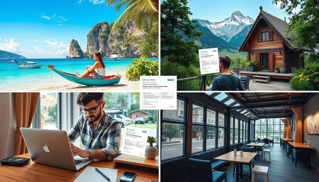 Digitaler Nomade arbeitet an verschiedenen Orten während sein Impressum Mieten Zypern Service aktiv ist