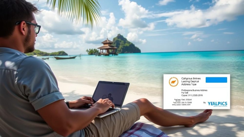 Digitaler Nomade arbeitet mit Laptop am Strand während sein Impressum auf Zypern rechtlich abgesichert ist