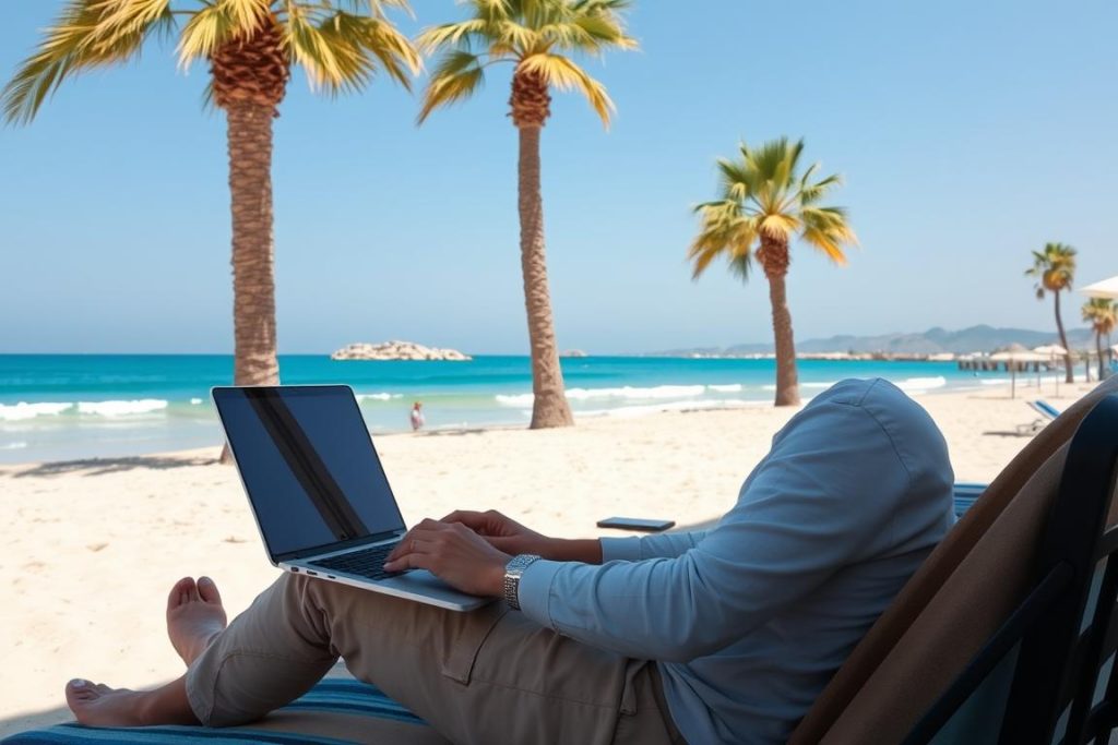 Digitaler Nomade arbeitet mit Laptop an einem Strand auf Zypern Digitaler Nomade arbeitet mit Laptop an einem Strand auf Zypern