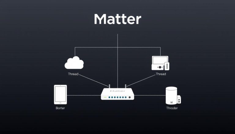 Matter und Thread Technologie-Übersicht mit Logo und verbundenen Geräten für matter installation anleitung