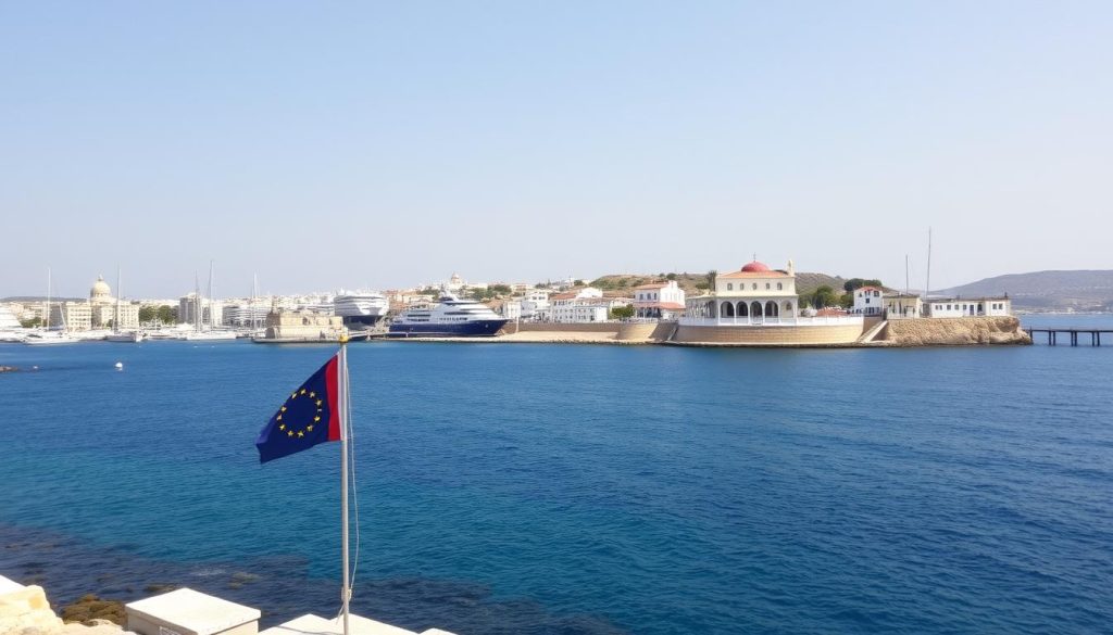 Paphos Zypern Küstenlandschaft mit EU-Flagge symbolisiert die Vorteile des Impressum Mieten Zypern