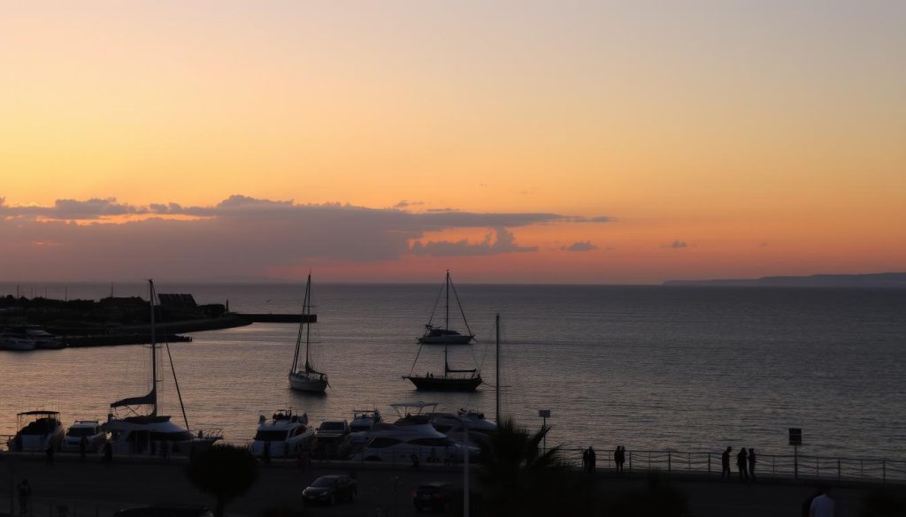Sonnenuntergang über dem Hafen von Paphos mit Booten und mediterraner Atmosphäre
