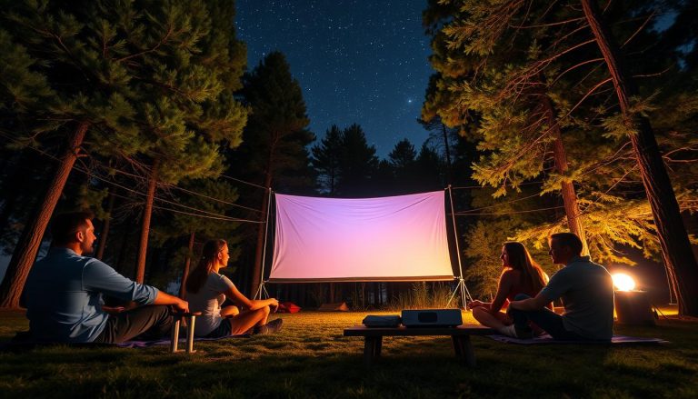 Camping-Szene mit 4K Mini Beamer unter Sternenhimmel