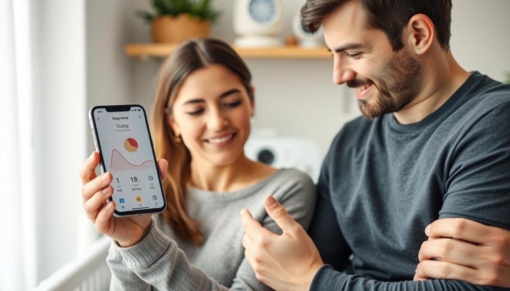 Eltern betrachten ein AI-Babyphone auf ihrem Smartphone Eltern betrachten ein AI-Babyphone auf ihrem Smartphone