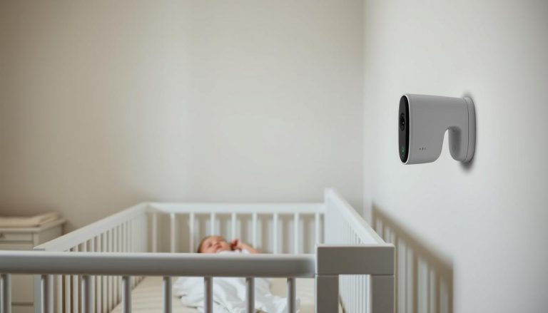 Modernes Kinderzimmer mit AI-Babyphone an der Wand montiert, das ein schlafendes Baby überwacht