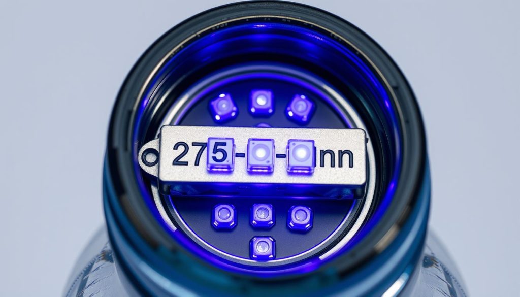 Nahaufnahme eines UV-C-LED-Moduls in einem Trinkflaschendeckel Nahaufnahme eines UV-C-LED-Moduls in einem Trinkflaschendeckel