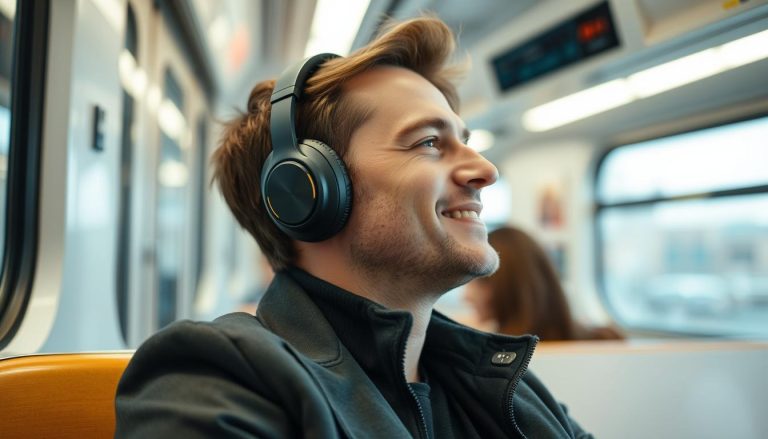 Person mit Noise Cancelling Kopfhörer in der Bahn genießt Musik