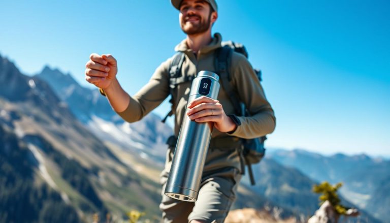 Person mit UV Trinkflasche beim Wandern in den Bergen