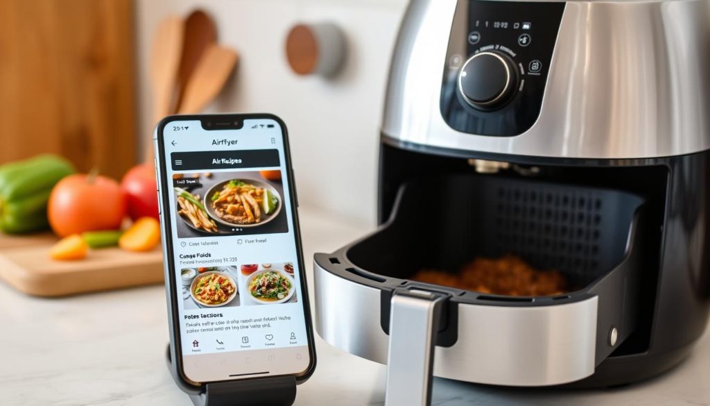 Smartphone mit geöffneter Airfryer Rezept-App neben einem Airfryer Smartphone mit geöffneter Airfryer Rezept-App neben einem Airfryer