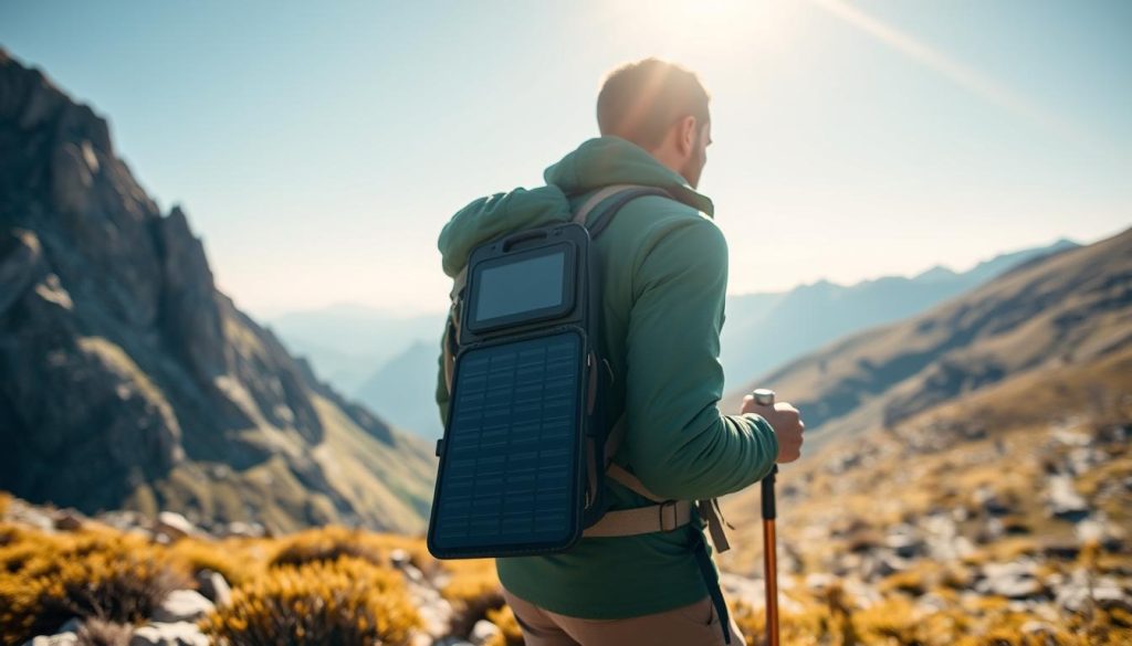 Solar Powerbank im Einsatz beim Wandern, mit ausgebreiteten Solarpanels zur Energiegewinnung Solar Powerbank im Einsatz beim Wandern, mit ausgebreiteten Solarpanels zur Energiegewinnung