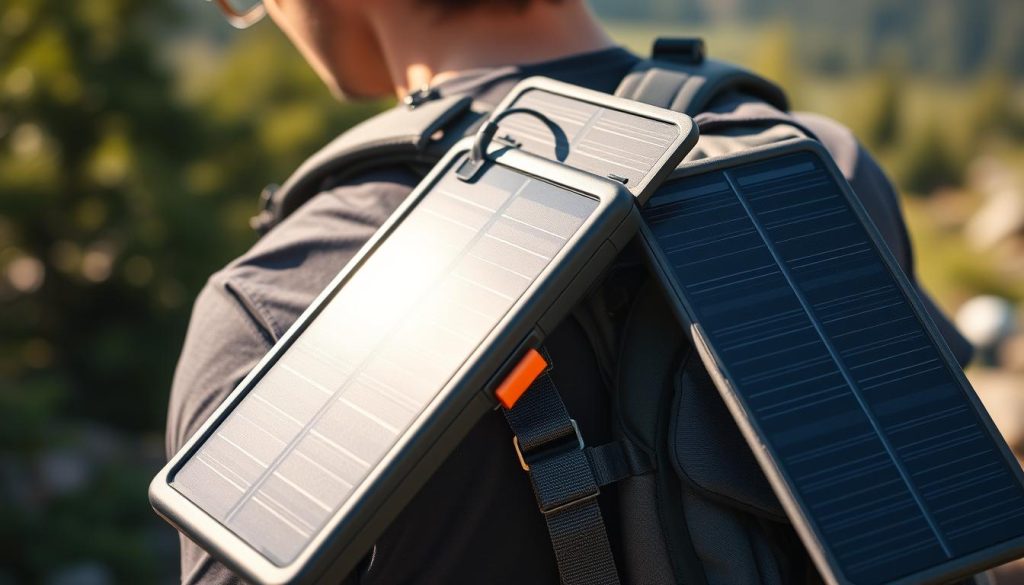 Solar Powerbank optimal am Rucksack befestigt mit ausgebreiteten Solarpanels Solar Powerbank optimal am Rucksack befestigt mit ausgebreiteten Solarpanels