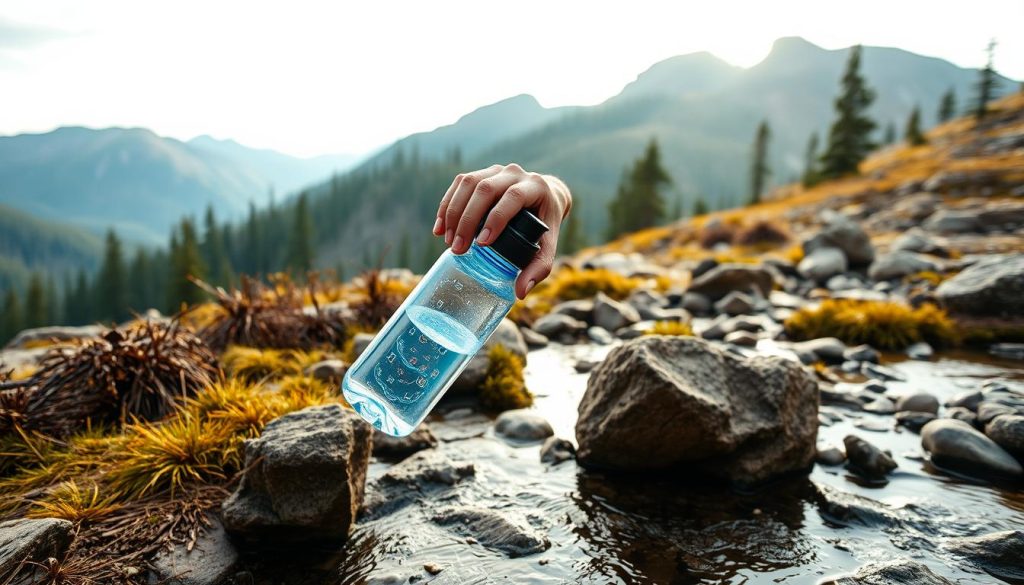 UV Trinkflasche im Outdoor-Einsatz beim Wandern in den Bergen UV Trinkflasche im Outdoor-Einsatz beim Wandern in den Bergen