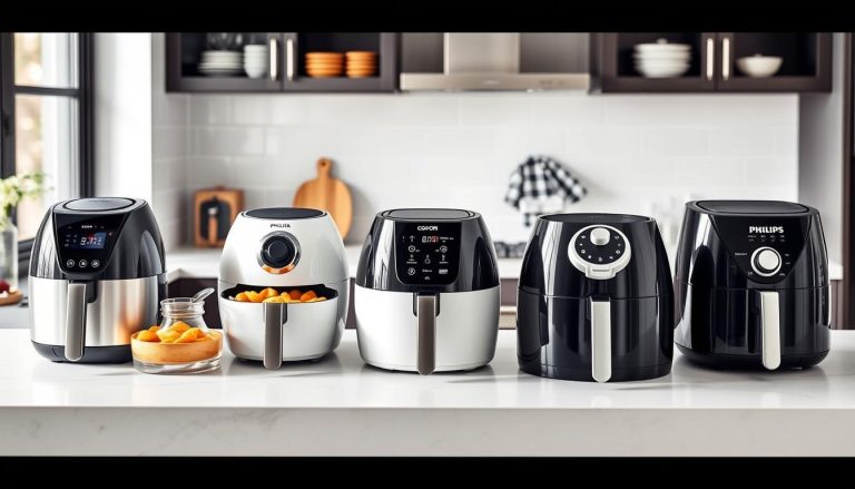 Verschiedene Airfryer Modelle 2025 in einer modernen Küche aufgestellt