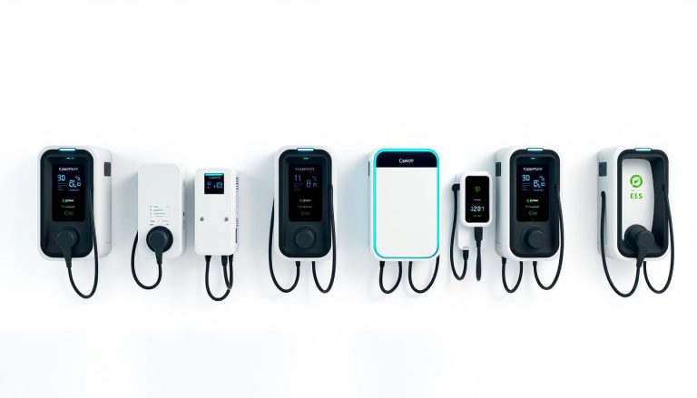 Verschiedene Wallbox-Modelle im Wallbox Test 2025 nebeneinander aufgereiht