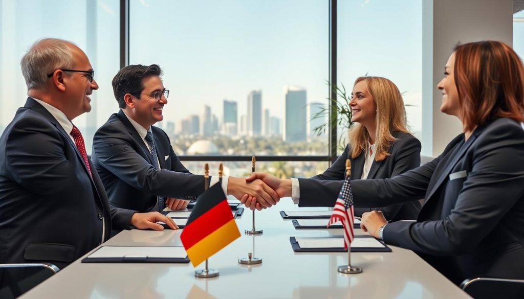 Deutsche und amerikanische Geschäftspartner bei einem Meeting in Kalifornien Deutsche und amerikanische Geschäftspartner bei einem Meeting in Kalifornien
