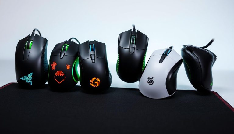 Die 5 schnellste Gaming-Mäuse für Ego-Shooter im Vergleich [2025] nebeneinander auf einem Gaming-Mauspad