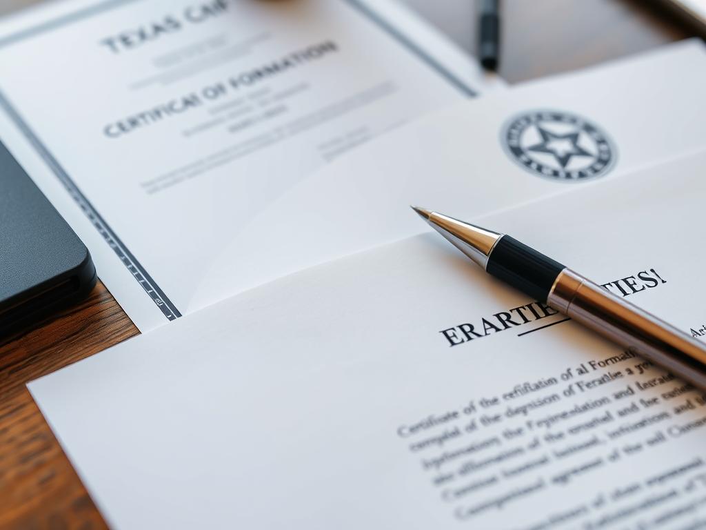 Dokumente für die Firma gründen in Texas auf einem Schreibtisch Dokumente für die Firma gründen in Texas auf einem Schreibtisch