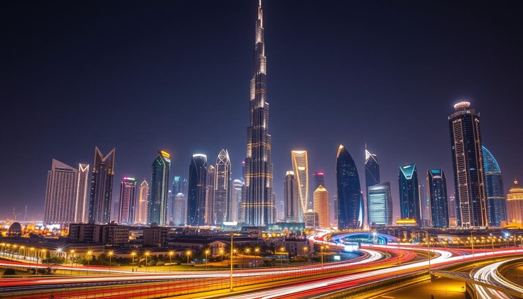 Dubai Skyline bei Nacht als Symbol für erfolgreiche Firmengründung
