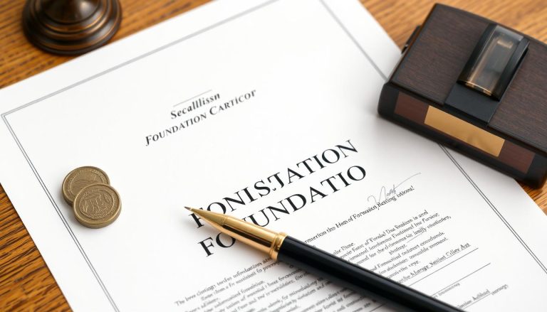 Familienstiftung im In- oder Ausland gründen - Konzeptbild mit Dokumenten und Stiftungsurkunde
