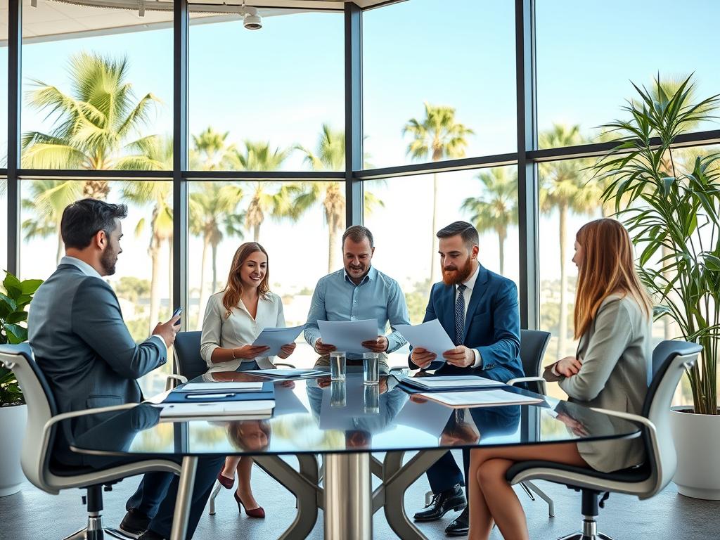 Geschäftsleute bei einem Meeting in einem modernen Büro in Kalifornien Geschäftsleute bei einem Meeting in einem modernen Büro in Kalifornien