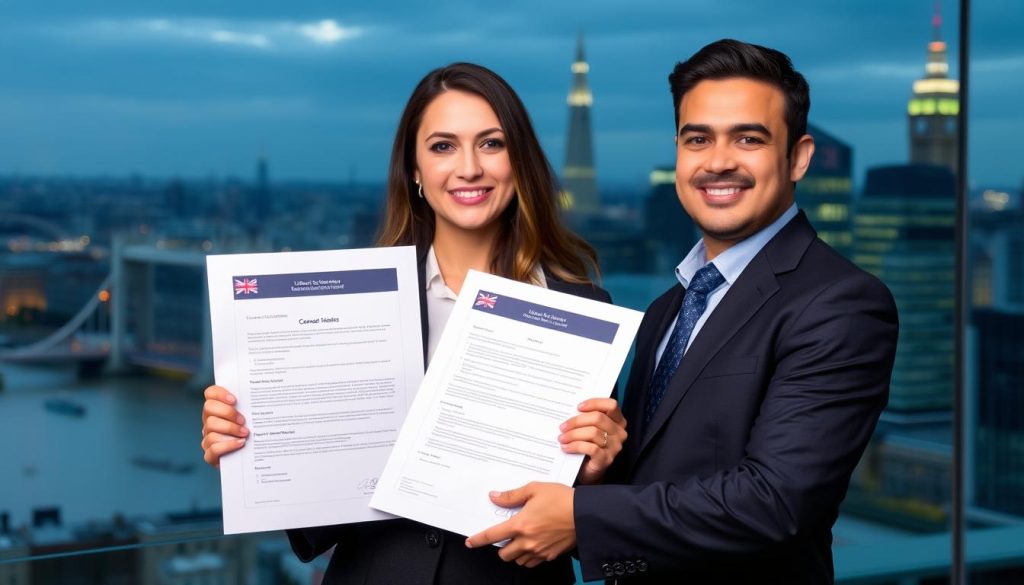 Geschäftsmann mit UK Limited Company formation Unterlagen vor Londoner Skyline