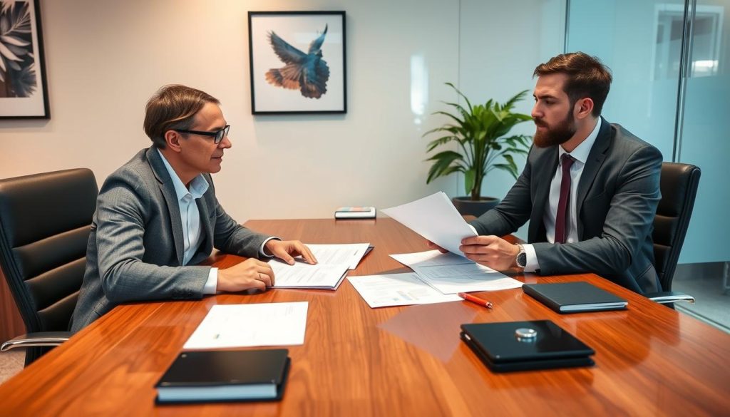 Geschäftsmann prüft Dokumente zur Firmengründung auf den British Virgin Islands mit einem Steuerberater Geschäftsmann prüft Dokumente zur Firmengründung auf den British Virgin Islands mit einem Steuerberater