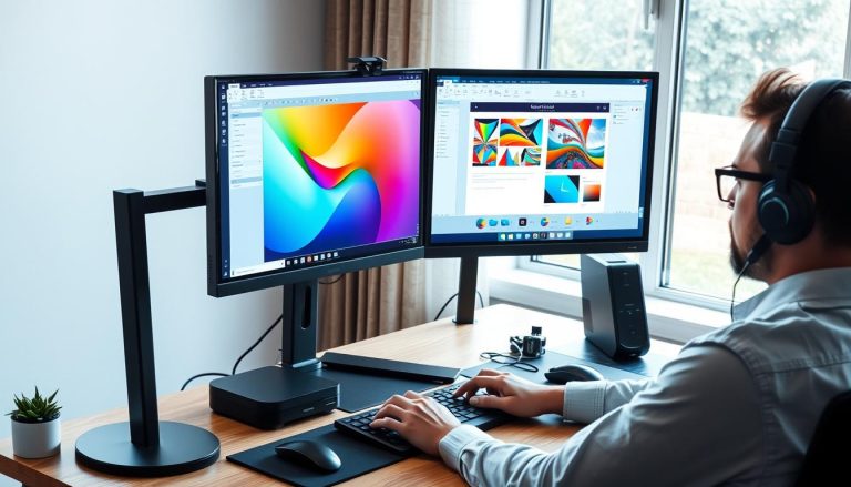 Grafikdesigner arbeitet an einem flimmerfreien Monitor mit Farbkalibrierungsgerät