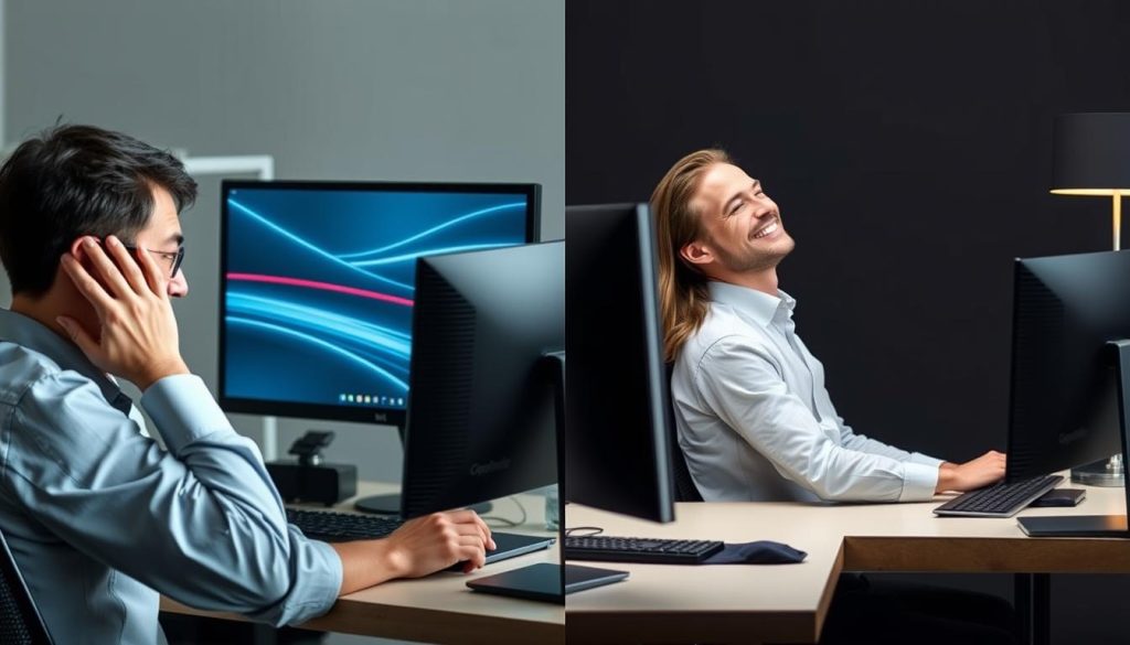 Grafikdesigner mit müden Augen vor einem flimmernden Monitor im Vergleich zu entspanntem Arbeiten an einem flimmerfreien Monitor Grafikdesigner mit müden Augen vor einem flimmernden Monitor im Vergleich zu entspanntem Arbeiten an einem flimmerfreien Monitor