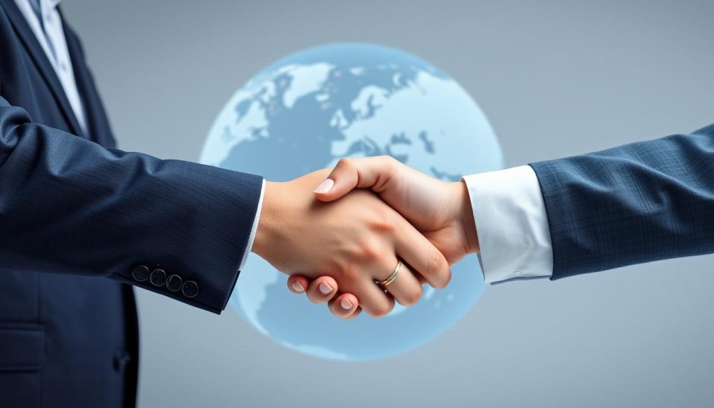 Handschlag zwischen Geschäftsleuten aus verschiedenen Ländern, symbolisiert internationale Zusammenarbeit durch Doppelbesteuerungsabkommen