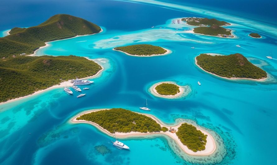 Luftaufnahme der British Virgin Islands mit türkisblauem Wasser und grünen Inseln