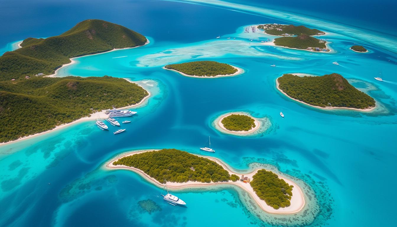 Luftaufnahme der British Virgin Islands mit türkisblauem Wasser und grünen Inseln