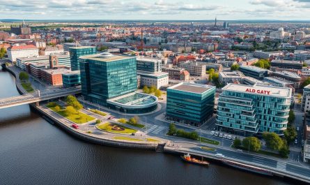 Luftaufnahme von Dublin, Irland mit dem Fluss Liffey und modernen Geschäftsgebäuden - Firmengründung Irland
