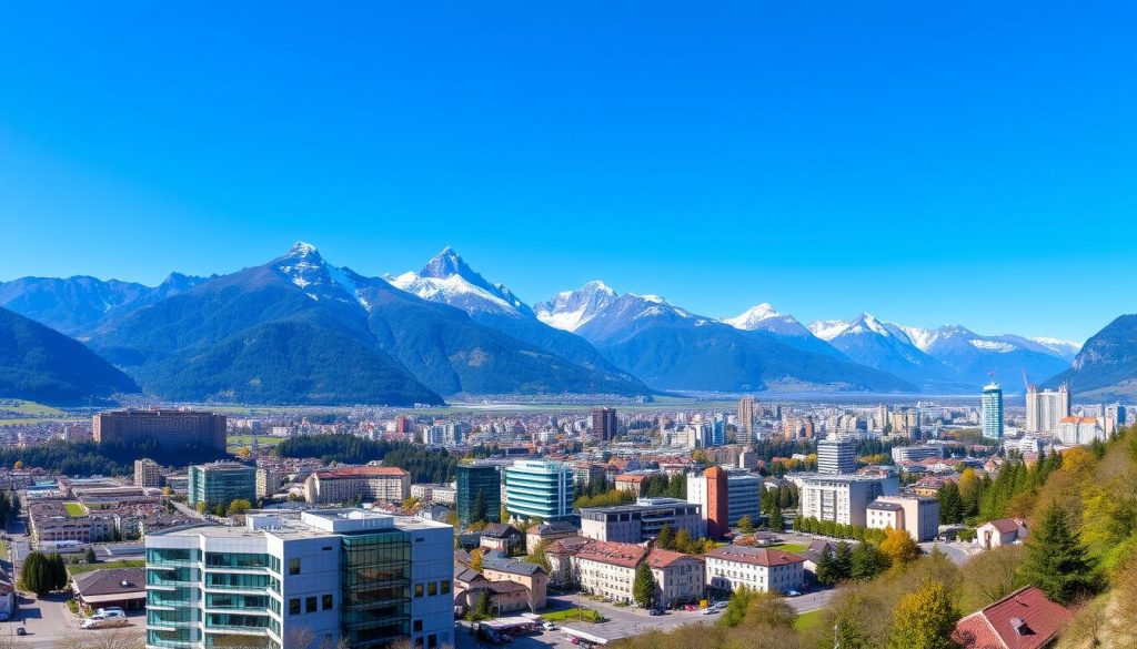 Panorama von Liechtenstein mit Geschäftsviertel und Alpen im Hintergrund Panorama von Liechtenstein mit Geschäftsviertel und Alpen im Hintergrund