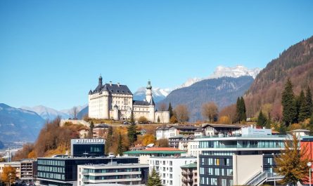 Panorama von Vaduz, Hauptstadt von Liechtenstein mit Schloss Vaduz und Alpenlandschaft