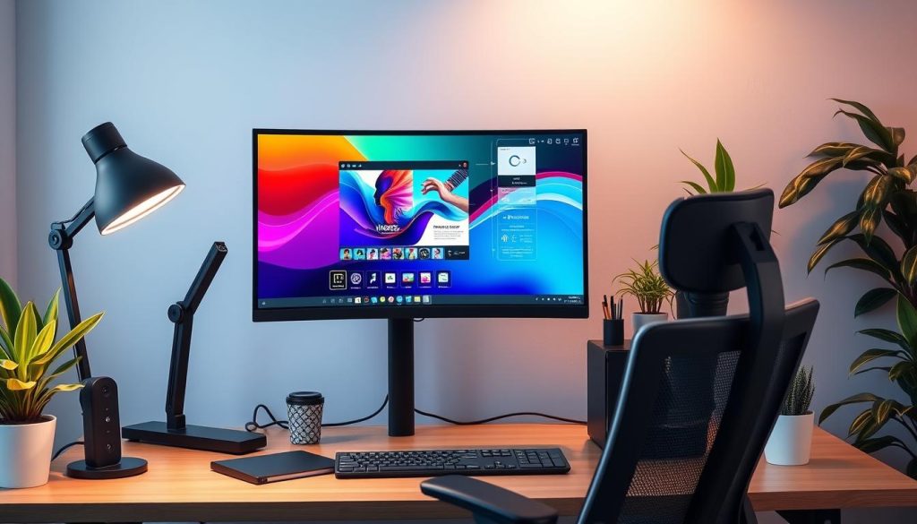 Professioneller Arbeitsplatz mit flimmerfreiem Monitor für Grafikdesign in ergonomischer Umgebung Professioneller Arbeitsplatz mit flimmerfreiem Monitor für Grafikdesign in ergonomischer Umgebung