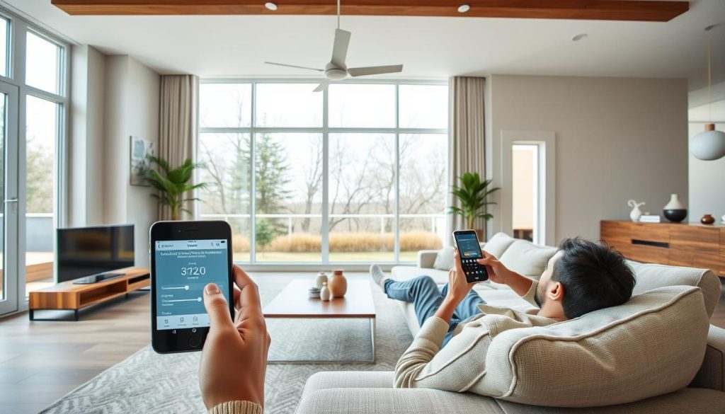 Smart Ventilator in modernem Wohnzimmer mit Smartphone-Steuerung Smart Ventilator in modernem Wohnzimmer mit Smartphone-Steuerung