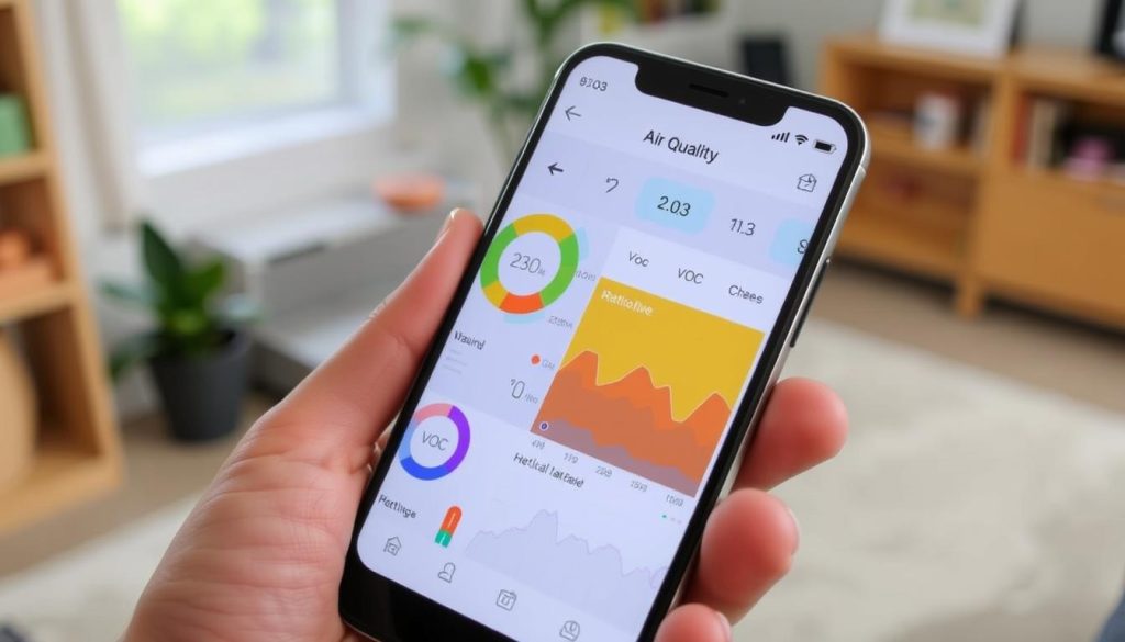 Smartphone-App eines smarten Luftqualitätsmessers zeigt Echtzeit-Daten zu CO2, Feinstaub und VOC