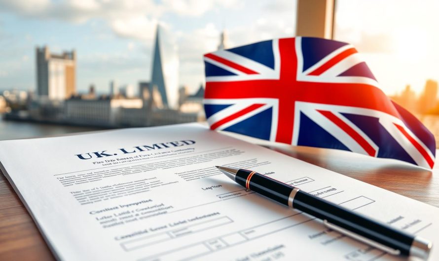 UK Limited Company formation Prozess mit britischer Flagge und Geschäftsunterlagen
