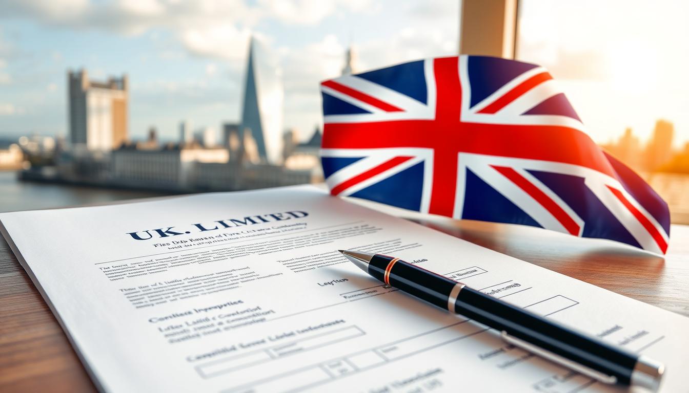 UK Limited Company formation Prozess mit britischer Flagge und Geschäftsunterlagen