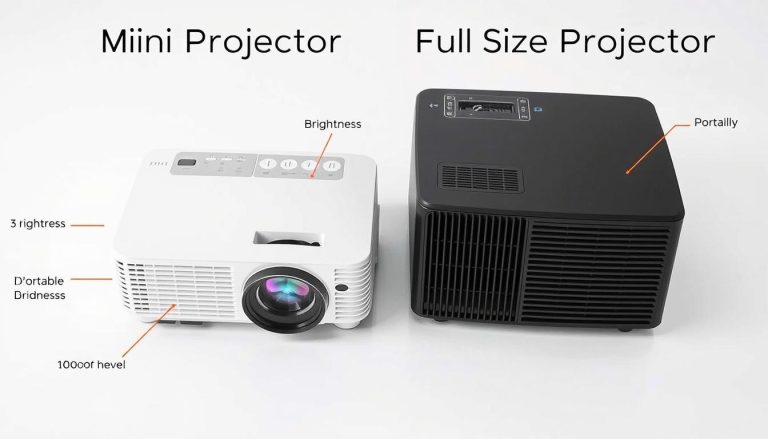 Vergleich zwischen Mini-Beamer und Full-Size-Beamer mit Beschriftung der wichtigsten Kriterien