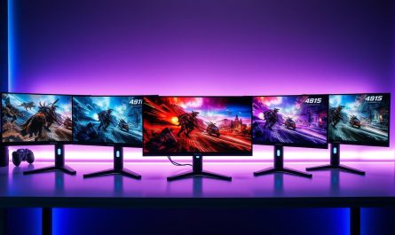 Verschiedene 23-Zoll Gaming-Monitore mit Top-Auflösung nebeneinander aufgestellt