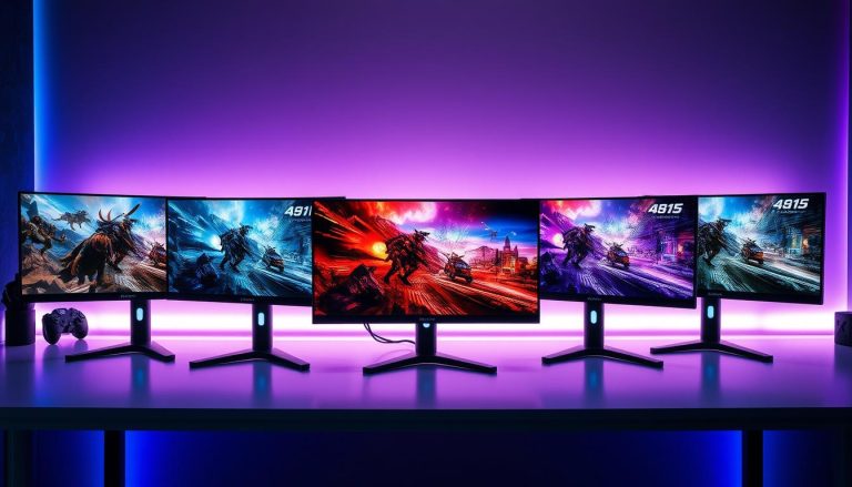 Verschiedene 23-Zoll Gaming-Monitore mit Top-Auflösung nebeneinander aufgestellt