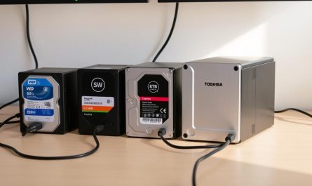 Verschiedene 8TB Desktop-Drives nebeneinander aufgestellt mit angeschlossenen Kabeln