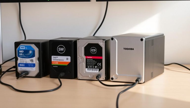Verschiedene 8TB Desktop-Drives nebeneinander aufgestellt mit angeschlossenen Kabeln