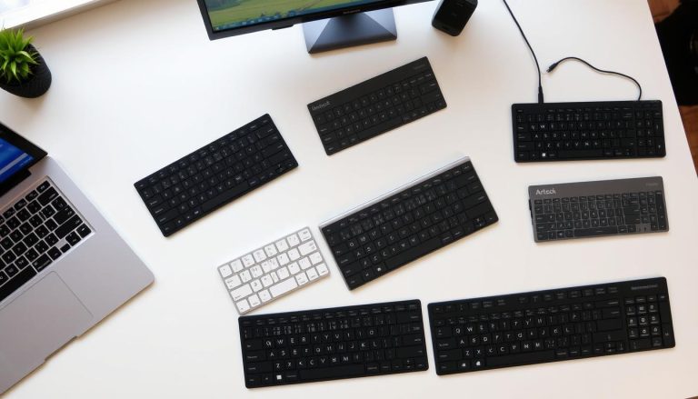 Verschiedene Bluetooth-Tastaturen für Windows-PCs auf einem Schreibtisch mit Windows-Laptop