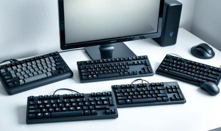 Verschiedene kabelgebundene Tastaturen auf einem Schreibtisch arrangiert