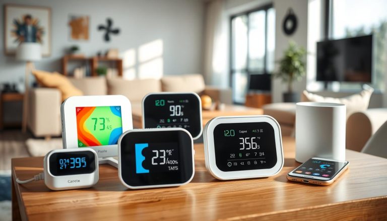 Verschiedene smarte Luftqualitätsmesser 2025 mit WLAN-Anbindung auf einem Tisch