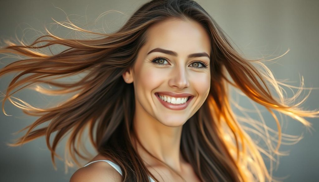 Frau mit gesundem, glänzendem Haar nach der Anwendung von Haaröl Frau mit gesundem, glänzendem Haar nach der Anwendung von Haaröl